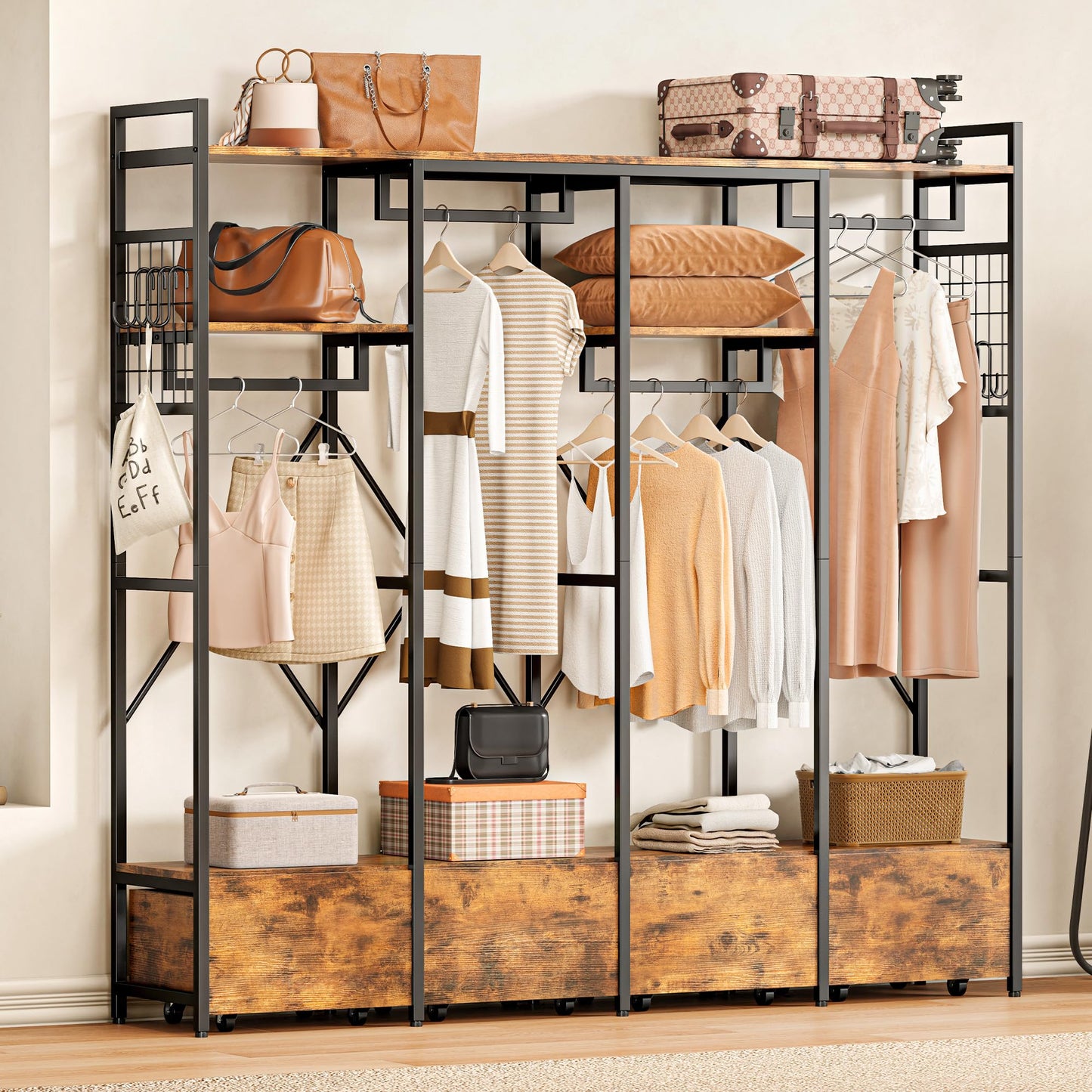 IRONCK Garment Racks and Storage Shelves, Heavy Duty Clothes Rack with 4 Wooden Drawers and Hanging Rods, Freestanding Closet Wardrobe Rack, Vintage Brown