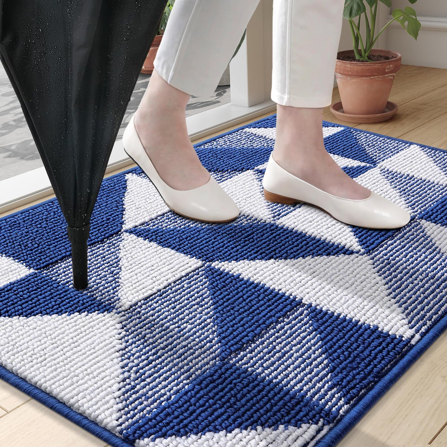 OLANLY Large Door Mat Indoor Entrance Washable 48x32, Odor-Free Low-Profile Front Back Geometric Doormat, Absorbent Resist Dirt Entry Carpet, Easy to Clean Sturdy Inside Floor Mats for Entryway, Navy