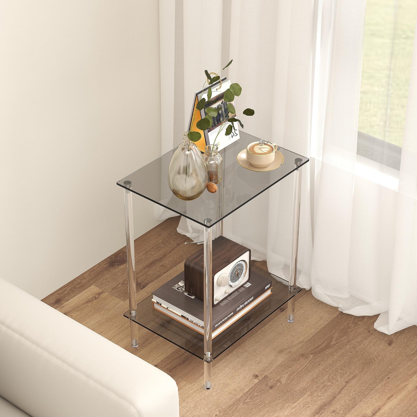 IRCPEN Acrylic Glass Side Tables with 2 Shelve End Table Bedside Set of 2, Simplicity Nightstands for Small Spaces, 2-Tier Tempered Glass for Office Bedroom Living Room Study Outdoor Black ET-008BK