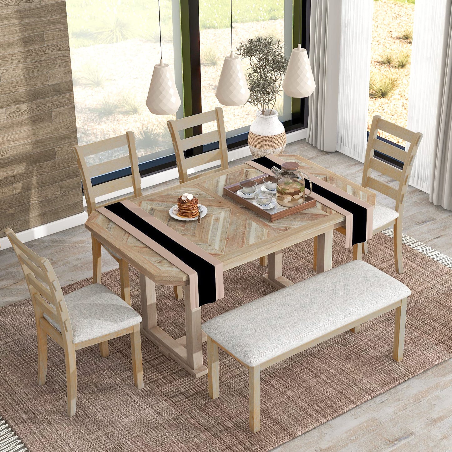 LUMISOL Wooden Kitchen Table with Chairs and Bench Set, 6 Piece Dining Room Table Set for 6, Wood Grane Tabletop and Upholstered Seating, MuddyNaturalWash