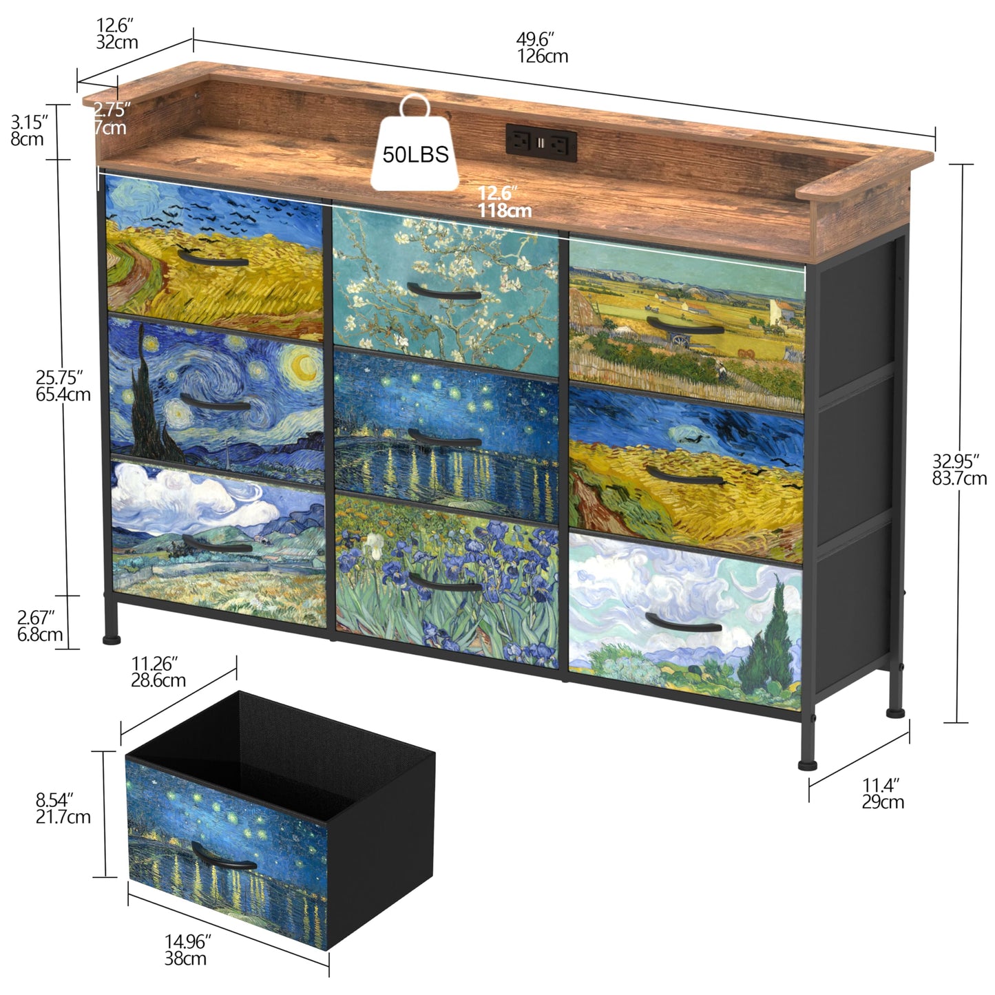 EXOTICA Welfuturer Dresser for Bedroom Van Gogh Dressers with 9 Drawers Chest of Drawers Fabric Clothes Drawer Fabric Closet Organizer for Living Room Entryway Nursery Sturdy Steel Frame Wood Top