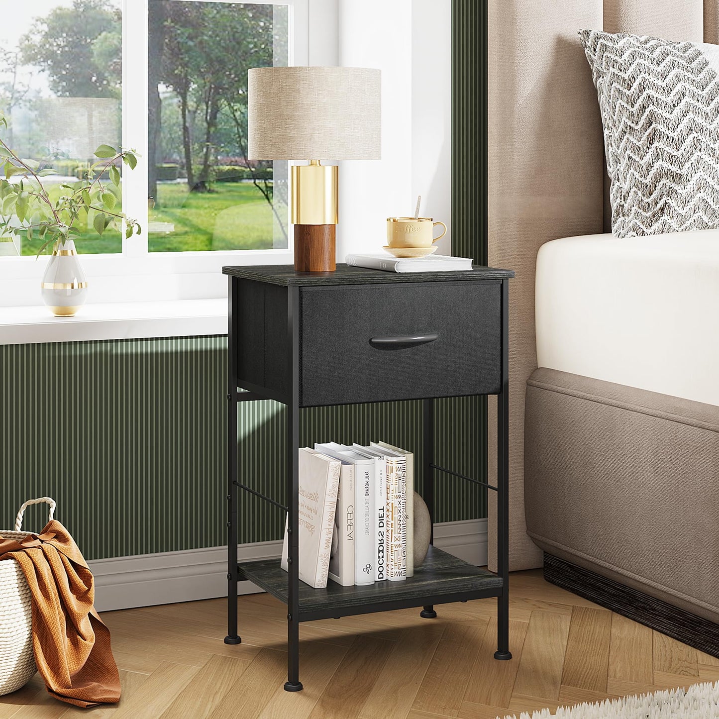 WLIVE Night Stand Set 2, Black Nightstand with Fabric Storage Drawer and Open Wood Shelf, Nightstand Set of 2 with Steel Frame, Side Table for Bedroom, Dorm, Charcoal Black, 25.03" Height
