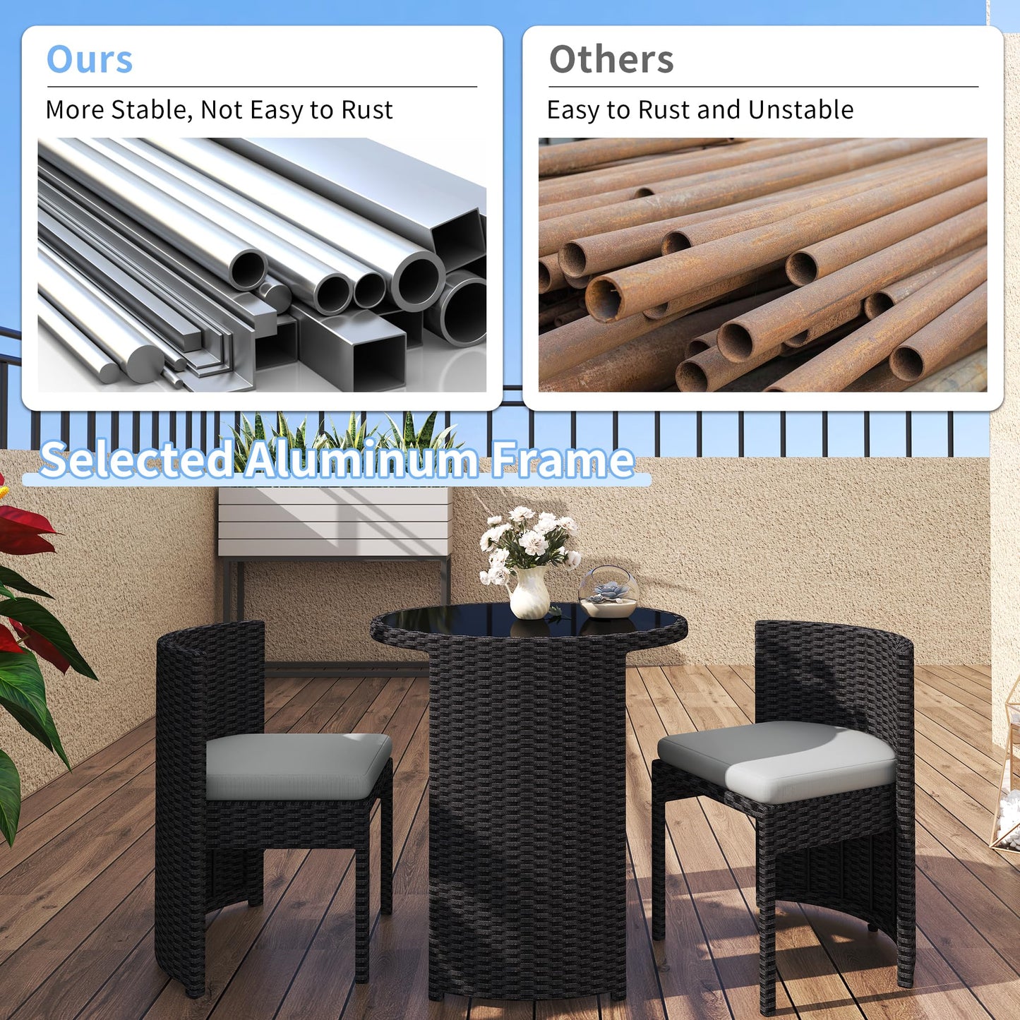 TWT 3 Pieces Fully Assembled Aluminum Outdoor Patio Bistro Set All-Weather Wicker Patio Furniture with Tempered Glass Table & Patio Chairs for Poolside Porch Deck Apartment Black