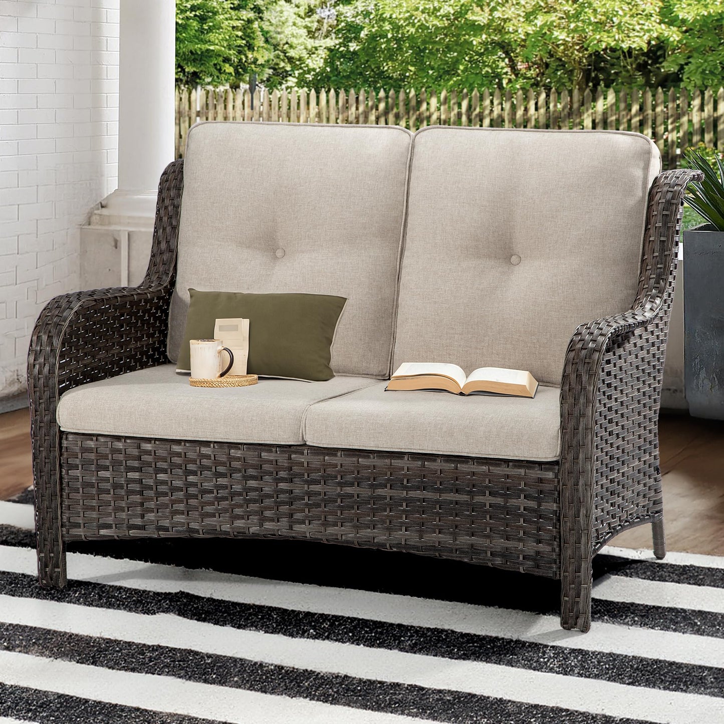 Joyside Outdoor Patio Wicker Loveseat Sofa - 2-Seater Rattan Sofa for Outside Patio Garden with Deep Seating and Olefin Cushions(Mixed Grey/Beige)