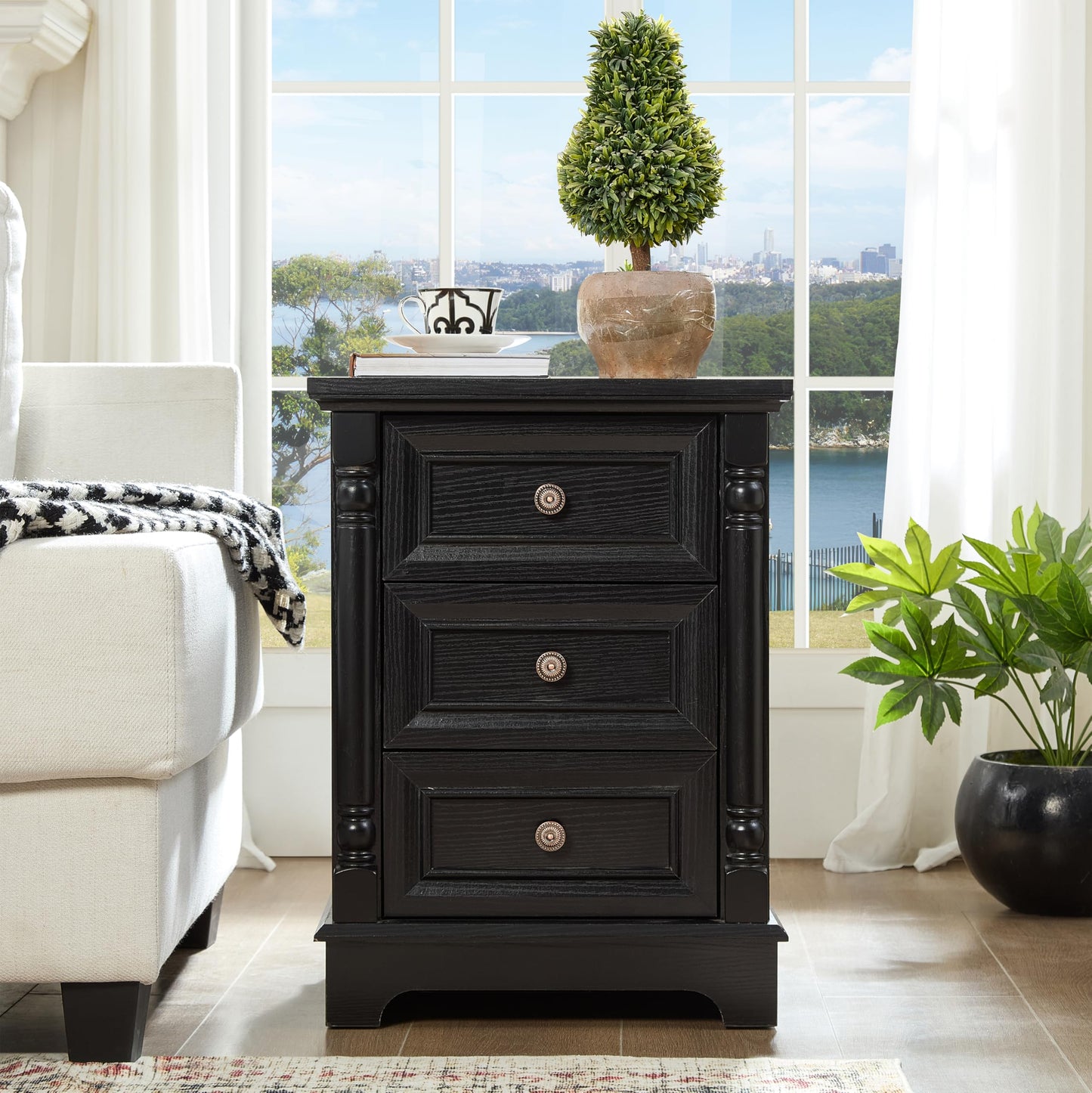 OKYCI Modern Nightstand Set of 2 with Charging Station, 3 Drawer Bedside Tables Set with Roman Column Design, Wood End Tables Set of 2 for Bedroom, Black