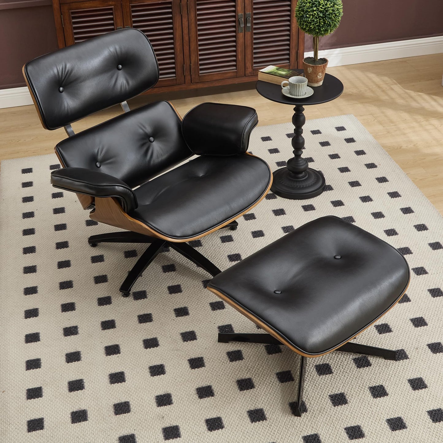 KEEZY Mid-Century Modern Lounge Chair and Ottoman Set, Classic PU Leather Upholstery, Walnut Wood Trim, 360° Swivel, Ergonomic Tilt Function, Perfect for Living Rooms, Home Offices (Black)