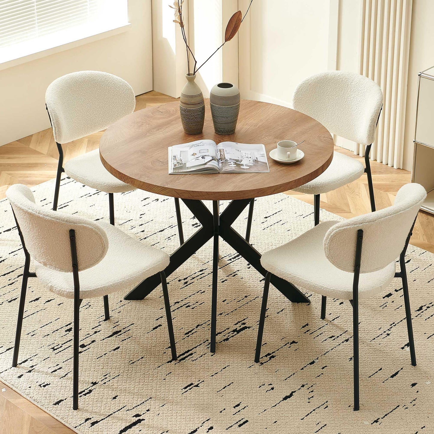Homedot Round Dining Table Set for 4, Modern 5-Piece Kitchen Table Set, 37" Round MDF Living Coffee Table with 4 Seated Boucle Dining Chairs Upholstered, Metal Legs for Dining Hall, Living Room