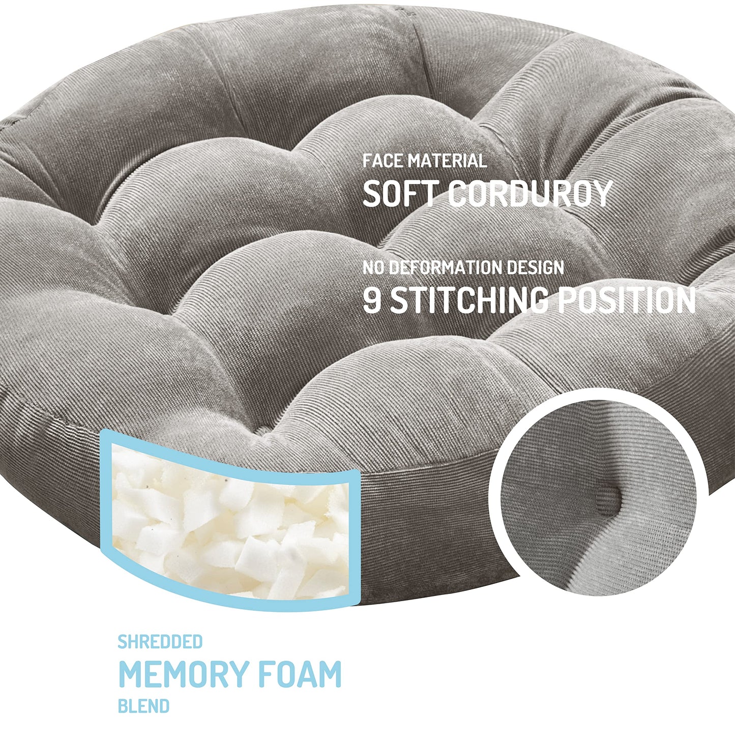 Degrees of Comfort Meditation Floor Pillow, Round Large Pillows Seating for Adults, Tufted Corduroy Cushion for Tatami Living Room, Grey, 22 Inch
