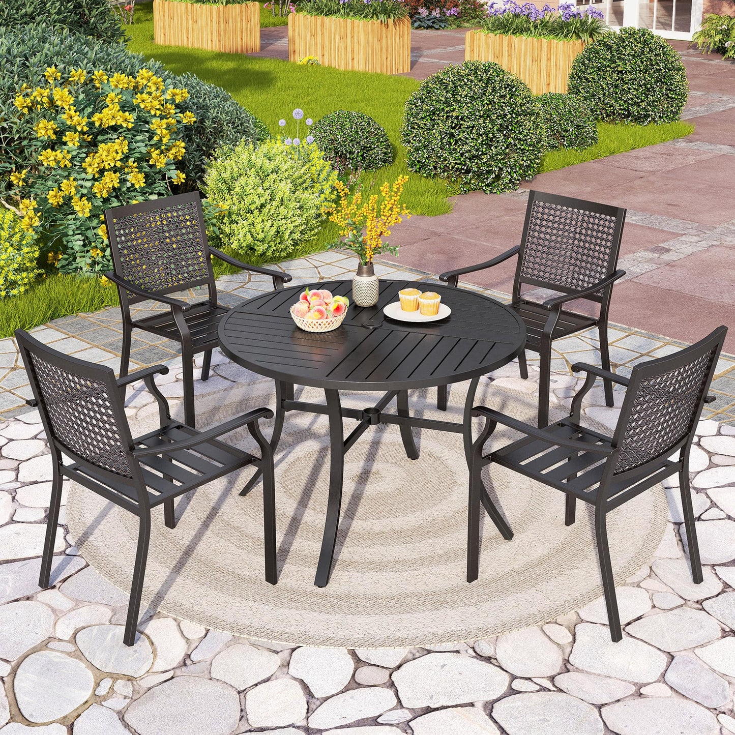 PHI VILLA 5 Pieces Outdoor Round Dining Set for 4, Steel Circle Table with Umbrella Hole & Stacking Wrought Iron Chairs, Morden Dining Furniture Set for Patio, Deck, Yard, Porch