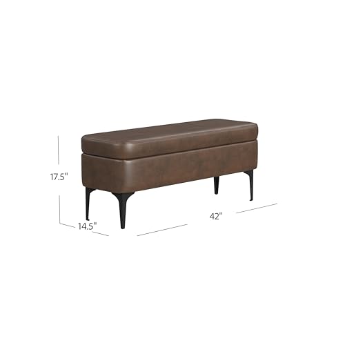 HomePop Upholstered Storage Bench with Metal Leg Home Décor|Bench with Storage for Living Room & Entryway - Brown Faux Leather