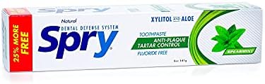 Spry Natural Xylitol Toothpaste 5oz for Adults and Kids - Fluoride Free, Gentle for Sensitive Teeth Whitening and Remineralizing, Breath Freshening, Mouth Moisturizing, Spearmint (Pack of 2)
