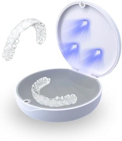 UV Retainer Case for Invisalign, Aligners, Dental Braces, Mouth Guard, Dentures and Night Guard - Small and Portable UV Retainer Cleaner Case with UVC Lights - White & Gray