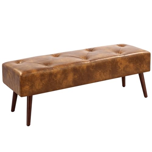 Furniliving 44 Inch Tufted Leather Bench, Leather Footrest Stool Bedroom Bench Seat, Upholstered Tufted Beathable Fabrics Ottoman Bench with X-Shaped Wood Legs for Kitchen, Solid Wood Indoor Bench