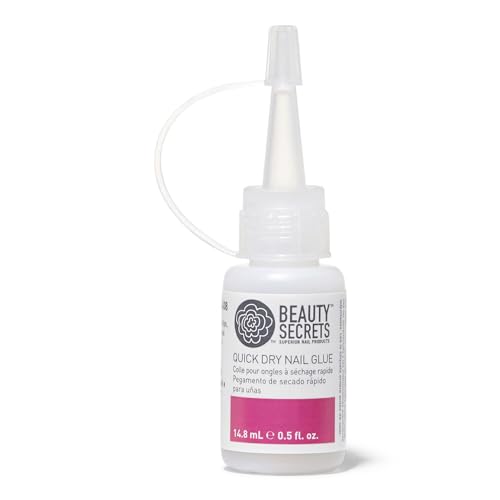Beauty Secrets Quick Dry Nail Glue .5 Fl Oz (1 Pack) Bundled with Nail File Black Cushion Medium Coarse 180/100 Grit by Beauty Secrets