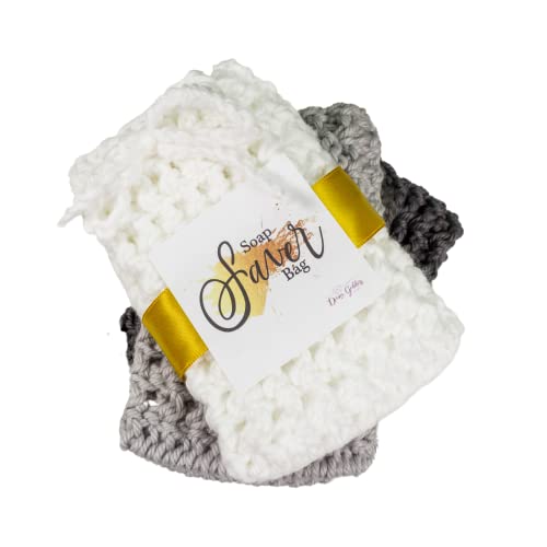 White Light Gray Pewter Soap Savers For Bar Soap Pouch 3 Pack Set - Cotton Soap Sack with Drawstring - Loofahs and Body Sponges