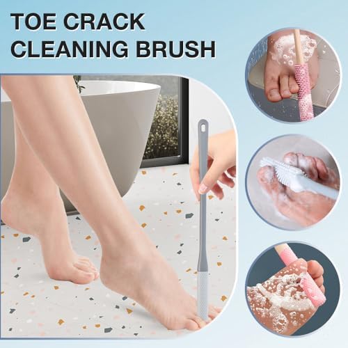 Toe Gap Cleaning Brush, 2025 New Silicone Long Handle Silicone Toe Gap Brush, 15.7" Foot Brushes for Shower, Foot Wash with Soft Exfoliating Brushes (Pink+Grey)