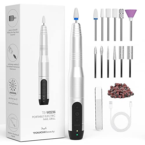 Electric Nail Drill Cordless, TOUCHBeauty Electric Nail File Machine Professional 12 in 1 for Acrylic Gel Nails, Manicure Pedicure Kit for Polishing Rechargeable (Silver)