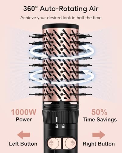 Terviiix 4-in-1 Hot Air Rotating Blow Dryer Brush Kit – 1000W with Rotatable Round Brushes (2 Sizes), Oval Volumizer, and Diffuser – Ideal for Curly Hair, with Arthritis-Friendly Big Buttons, Black