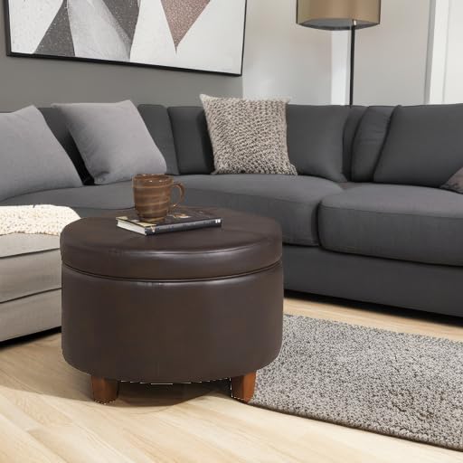HomePop Round Leatherette Storage Ottoman with Lid, Chocolate Brown Large
