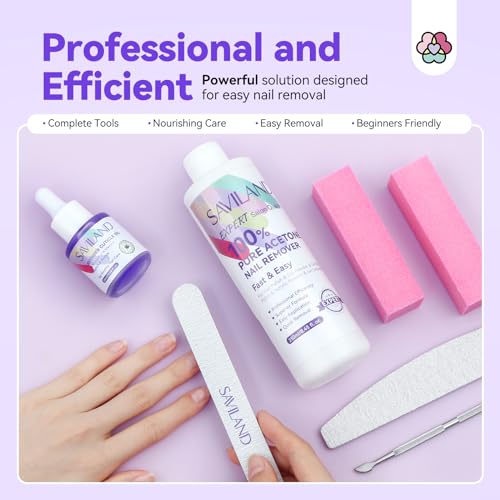 SAVILAND 100% Acetone Nail Polish Remover Kit: Ultra-Powerful Gel Remover with Cuticle Oil Rich in Castor Oil & VE for Repairing Nail, Nail File Buffer Tools for Dip Acrylic Remove Home Salon 8.45 Oz