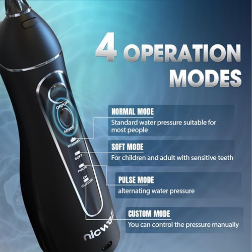 Nicwell Water Dental Flosser Teeth Pick - Cordless Portable 4 Modes Rechargeable Flossers Oral Irrigator IPX7 Waterproof Travel Gum Floss Cleaner Deep Cleaning Flossing Picks for Home Daily Shower