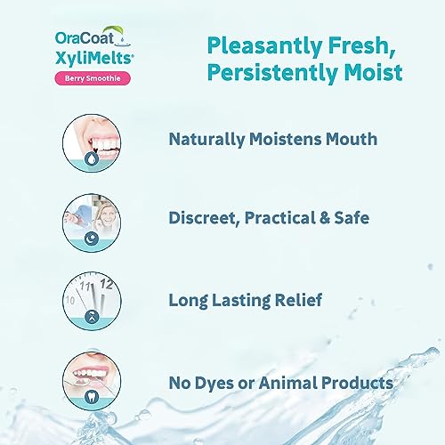 Oracoat XyliMelts for Dry Mouth Night Time or Day - Moisturizing Dry Mouth Adhering Discs, Sugar Free with Xylitol, 100 Count, Berry Smoothie Flavor, 8-Hour Relief