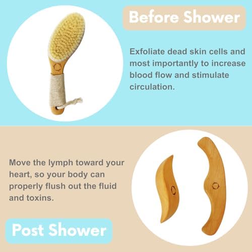 Dry Brushing Body Brush for Lymphatic Drainage-Vegan Dry Brush with Contoured Non-Slip Handle +Wood Therapy Massage Tools. Maderoterapia Kit, Gua Sha, Anti-Cellulite, Body Sculpting, Sensitive Skin