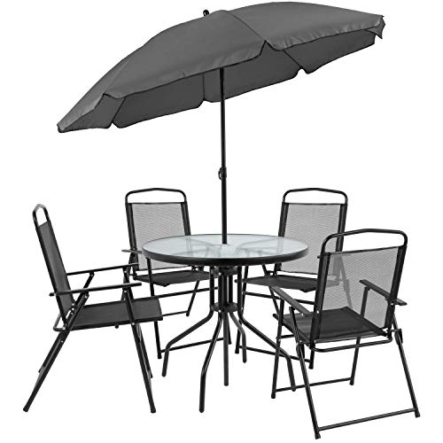 Flash Furniture Nantucket 6-Piece Patio Dining Set with Glass Table, 4 Folding Chairs, and Umbrella, Outdoor Patio Set, Black