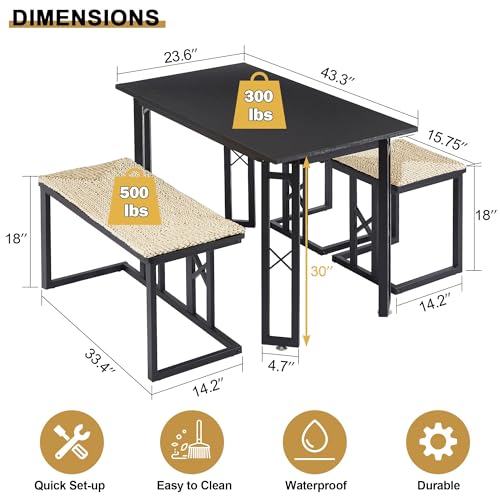 VECELO 43.3" Dining Table Sets, Farmhouse Kitchen Table for 4 with 3 Seats & Wicker Seat Cushions,Metal Frame Space-Saving Adjustable Feets Coffee Table for Home Kitchen Dining, Pitch Black