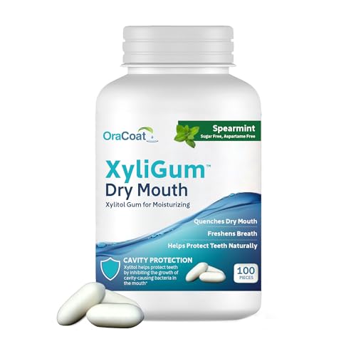 OraCoat XyliGum Dry Mouth Sugar Free Gum, 100 Piece Bottle, Spearmint Chewing Gum with Xylitol for Dry Mouth, Helps Stimulate Saliva, Breath Freshener, Supports Teeth & Gum Health