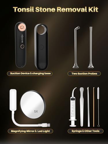 Voraiya Tonsil Stone Removal Vacuum Kit with 5 Mode Suction, 10 in 1 Electronic, Oral Irrigator, Tongue Scraper, Oral lamp & 5X Magnifying Mirror Included for Fresh Breath, Black