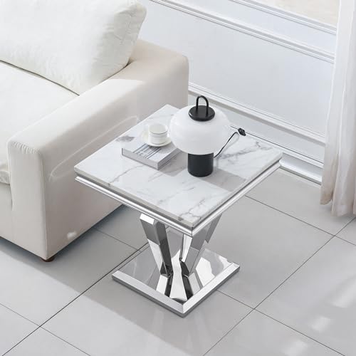 Marble End Table for Living Room, 22.8" Modern Suqare Sofa Side Table with Silver Stainless Steel Base, White Faux Marble Nightstand Bedside Table Corner Table for Bedroom, Home Office