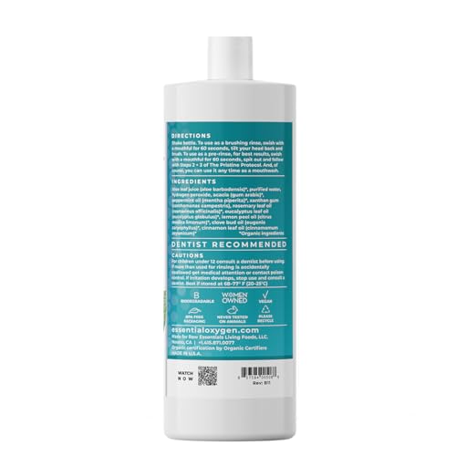Essential Oxygen Certified BR Organic Brushing Rinse, All Natural Mouthwash for Whiter Teeth, Fresher Breath, and Happier Gums, Alcohol-Free Oral Care, Peppermint, 32 Ounce