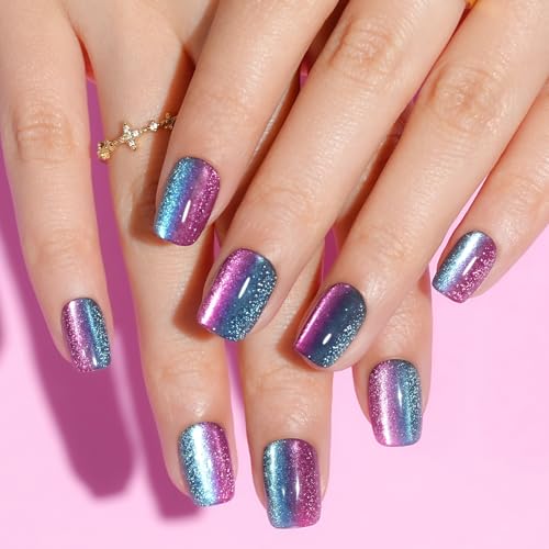 Press on Nails Short, Jofay Fashion Fake Nails, Two-color Ombre Cat Eye Press on Nails, Summer Acrylic False Nails, Reusable Stick on Nails for Women Girls, Glue on Nails Kit 32 Pcs, Amethyst Aurora