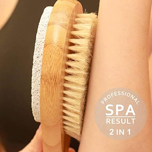 2 in 1 Long Handle Bath&Shower Brush,Bath Scrubber,Boar Bristle with Pumice Stone Exfoliate & Soften Skin,Dry Brushing Body Brush for Cellulite&Lymphatic Drainage