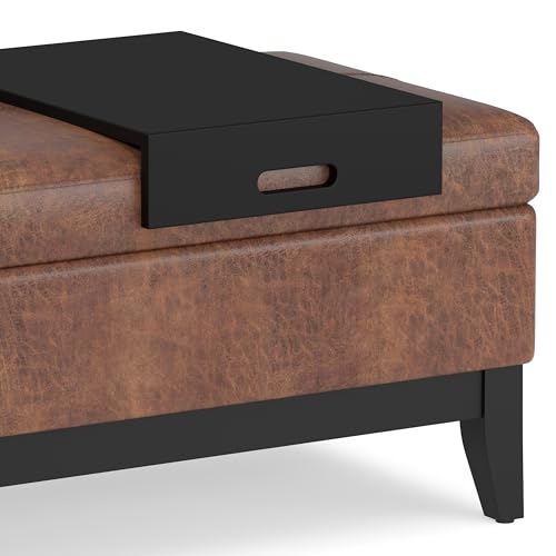 SIMPLIHOME Oregon 42 inch Wide Transitional Rectangle Storage Ottoman Bench with Tray in Distressed Saddle Brown Vegan Faux Leather, Assembled, For the Living Room, Entryway and Family Room