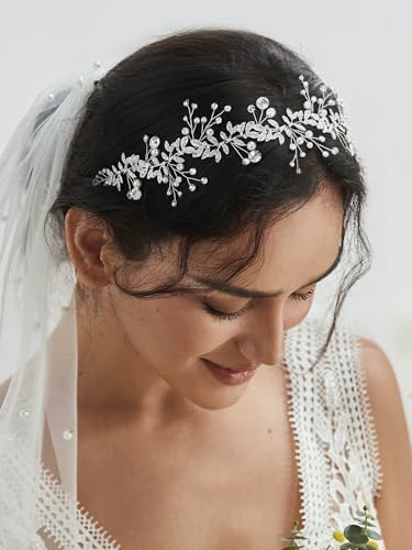 SWEETV Crystal Bridal Headpiece Silver Wedding Headband for Brides Pearl Hair Vine Rhinestone Hair Accessories for Women