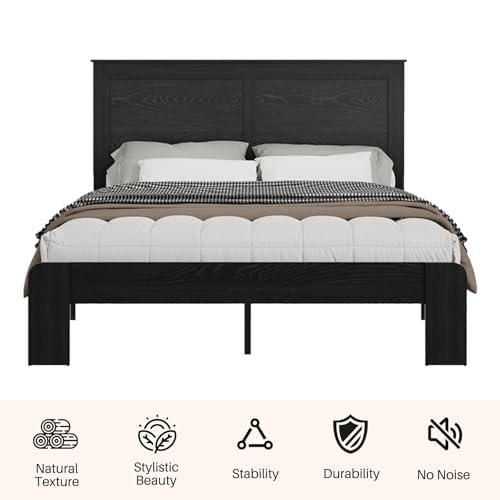 Queen Size high Bed Frame - Wooden Platform with Headboard， with Under Bed Storage， Farmhouse Rustic Bed Frame，No Box Spring Needed, Easy Assembly, Black