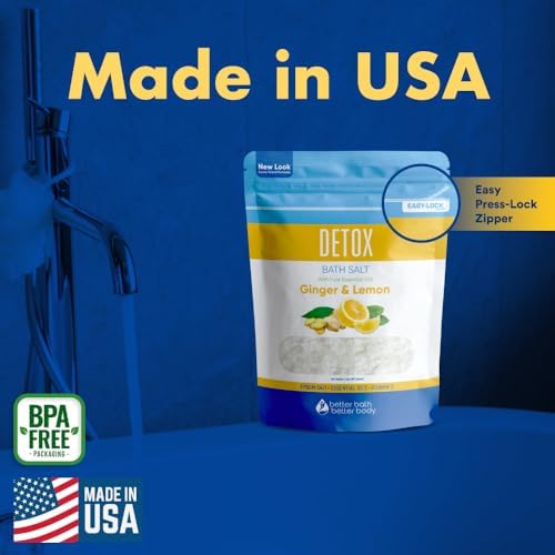 Detox Bath Salt 32 Ounces Epsom Salt with Natural Ginger and Lemon Essential Oils Plus Vitamin C in BPA Free Pouch with Easy Press-Lock Seal