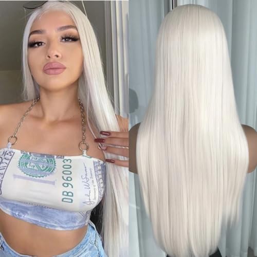 Platinum Blonde Synthetic Lace Front Wig Pre Plucked Ready to Wear 13x4 HD Glueless Straight Lace Front Wig for Women Natural Looking Synthetic Heat Resistant Fiber Platinum Blonde Wig (26 Inch)
