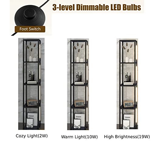 Dimmable Floor Lamp with 4 Wooden Shelves, 360° Rotatable LED Light, Tall Standing Reading for Bedroom, Living Room & Office Home Decor