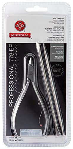 Mundial Nail Care 3 Piece Set - Professional Stainless Steel Cuticle Nippers with Double Nail Spatula and Pusher, Manicure, and Pedicure Trimmer Kit
