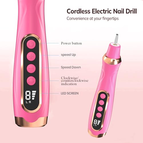 Professional Manicure Pedicure Kit Cordless Electric Nail File Set 6 Speed Cordless Nail Drill for Thick Nail Toenail Cuticle Hand Foot Care Nail Drill Tool(Rose)