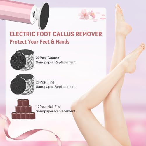 Electric Foot File 2-in-1 Foot Callus Remover with 50pcs Sandpaper Discs, Callus Remover for Feet Professional Pedicure Tool for Dead Skin and Calluses 9 Adjustable Speed/Reversible Rotation - Pink