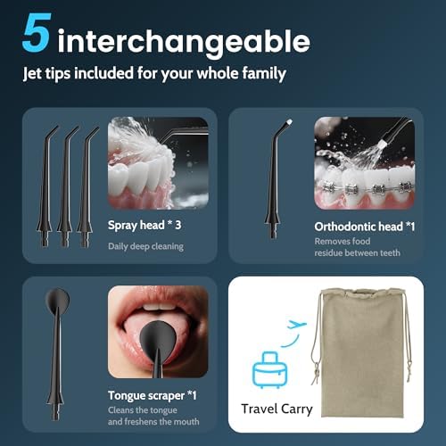Water Flossers for Teeth, Electric Floss for Adults, Water Dental Picks for Teeth Cleaning and Flossing, Portable Flossers for Travel Size, Travel Bag and 4 Tips, IPX7 Waterproof - Black
