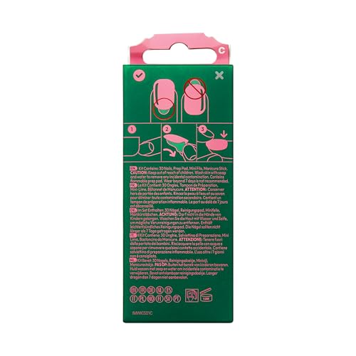 WICKED X imPRESS Press On Nails, ‘Perfectly Pink’, Pink, Medium Almond, New Improved Adhesive, Up To 10 Day Hold, Includes 30 Fake Nails, 1 Prep Pad, 1 Manicure Stick, 1 Mini File