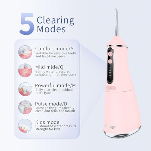 Water Dental Flosser Cordless, KUSKER 500ML Portable Oral Irrigator for Teeth, 5 Modes and 4 Jet Tips, IPX7 Waterproof, Rechargeable for 30-Days Use, Home, Travel, Braces(Warm Pink)