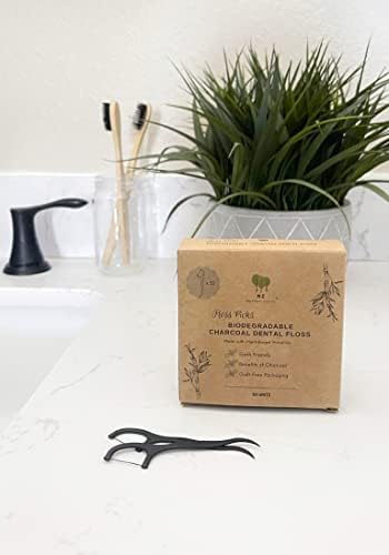 Vegan Biodegradable Dental Floss Picks (200 Count) - Natural | Sustainable | Eco-Friendly | Charcoal Dental Flossers for a Zero Waste Oral Care (3 Inch)