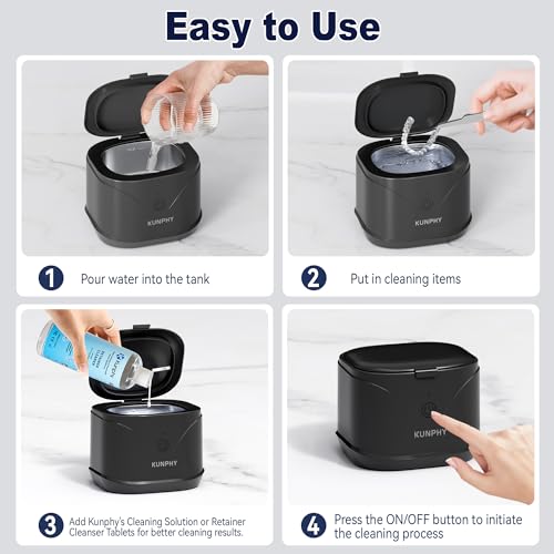 Ultrasonic Retainer Cleaner, KUNPHY 46KHz Professional Ultrasonic Cleaner 7.5Oz, Retainer Cleaner Machine for Dentures, Braces, Aligner, Dental Appliances (Black)