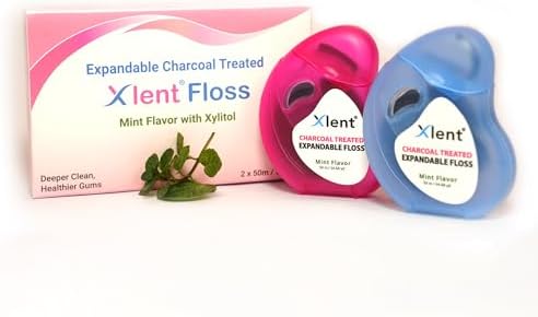 Expandable Dental Floss Treated with Activated Charcoal with Xylitol and Natural Plant Based Wax | Mint Flavor | PFAS & PTFE Free | Pack of 2 (50 m Floss Containers)
